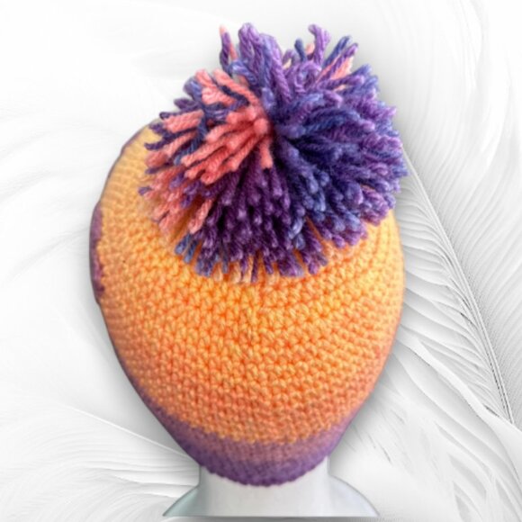 Handmade Crochet Beanie with Pom Pom and Floral Appliques — Purple Orange Ombre - Picture 2 of 7